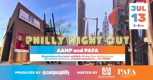 graphic for Campus Philly Night Out showing AAMP and PAFA museums from the outside. 