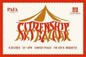 Event graphic with the typography looking like red and copper streamers under a tent. 