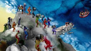 still image from Ahmadi's animation 'Marooned', colorful painting of a group of humanoid creatures hauling rocks over a hill towards a beach with a body of deep blues of water 