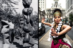 Composite image with two photographs: Left is an archival black and white photo of John Rhoden standing outside by his large wooden sculptures; second photo is a portrait of Detty Permanasari, an Indonesian traditional dancer. She is posing in the medium of S. Broad St. in Philadelphia. 