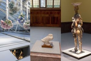 A composite of three images of artwork in Rising Sun exhibition featuring sculpture floral bouquets hanging upside down, a marble carving of a duck, and a figurative sculpture of a person with no arms carrying lots of gourd-like containers. 