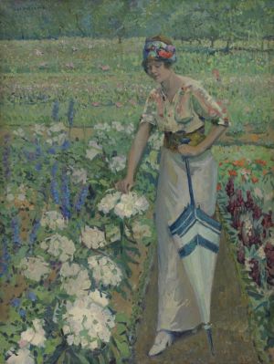 Oil painting by Jane Peterson titled "Spring Bouquet" circa 1912. The painting is vertical, with a single figure walking down a path in a field of white flowering plants. The figure is wearing a summer print blouse, and a full length white skirt, holding a white and blue parasol. She is reaching to pick one flower. 