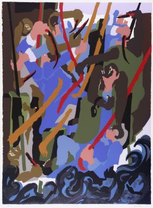 Image of a color serigraph by Jacob Lawrence (1917 - 2000), "Revolt on the Amistad", Abstract figures of many colors, arms tangled together .