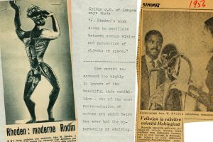 image of collaged old and discolored newspaper clippings and an old typewritten note. 