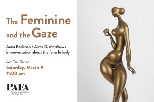 graphic with title and date of the program and a photo of a bronze scultpure, Eve, by John Rhoden. 