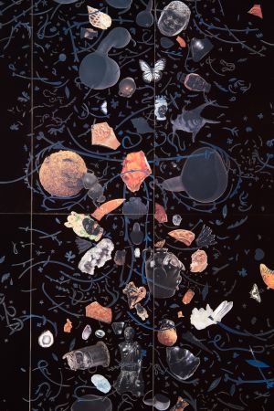 image of an artwork by William Villalongo titled Sphinx, 2023 (DETAIL). Acrylic, velvet paper and collage on a wood panel. Courtesy of ©Villalongo Studio LLC