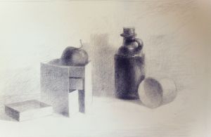 Graphite on paper drawing depicting an apple and a jug