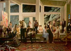 A realistic painting of a crowded, elegant interior with large windows and rocky landscape views, showing people engaged in intimate and social interactions.