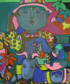 Acrylic on canvas painting in various bright colors depicting a boy holding grapes, a goat, flowers, and the fruit that the boy is weighing.