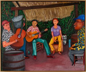 Oil painting titled El Bolero by Rafael Ferrer, created in 1983–84. The canvas measures 60 by 72 inches and features expressive, abstract forms in rich colors. © Rafael Ferrer, courtesy of the artist.