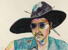Luis Cruz Azaceta, Self-Portrait with Phony Hat, 1980, colored ink and pencils on paper, 22 1/8 x 30 in, Robert and Frances Coulborn Kohler Collection, 2013.10.2