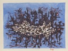 Eldzier Cortor, L'Abbatoire III, CA. 1955, Four color woodcut, 14 3/4 x 19 7/8 in., Gift of the artist in memory of Sophia R. Cortor, 2013.18.22
