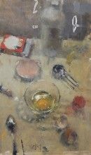 Catherine Mulligan, Still Life with Egg and Pork Roll, 2014, oil on mylar, 18 x 11 in.