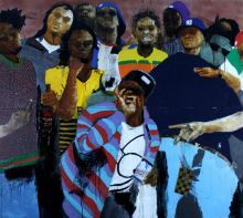 Aaron Fowler, Happy D-Day Ali, mixed media on panel, 7 x 6 ft.