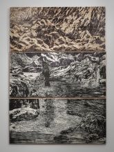 Orit Hofshi, If the Tread is an Echo (detail), 2009, pencil, markers, and stone stick tusche rubbing on carved wood panels and handmade paper, 136 x 287 x 36 in.