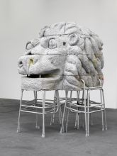 Justin Matherly, Cost of living; mob above, mob below (w.t.n.c.g.l.), 2013, reinforced concrete, ambulatory equipment, stainless steel hardware, zip ties, spray paint, water based marker, 84 1/4 x 62 1/2 x 59 3/4 in.