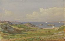 William Trost Richards, View up the Bay from Conanicut Island, 1881, watercolor and Chinese white on paper, 3 1/4 x 5 in., 22.5., 2008.5.65