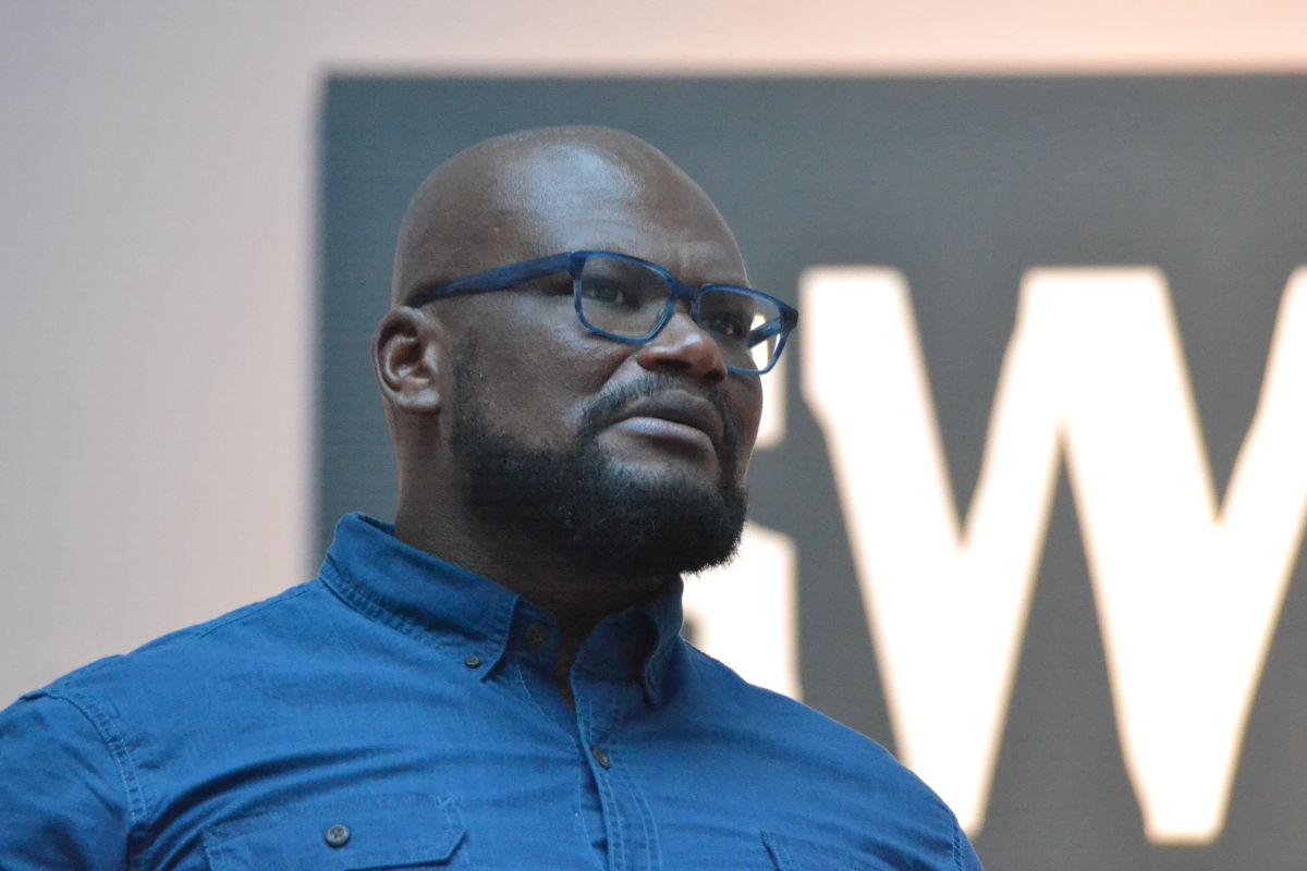 Artist and MFA Chair Didier William at the opening reception for SWARM.