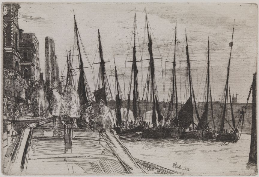  James Abbott McNeill Whistler, "Billingsgate" (1859). Etching and drypoint on blue laid paper. Gift of Mr. and Mrs. Alfred G. B. Steel.