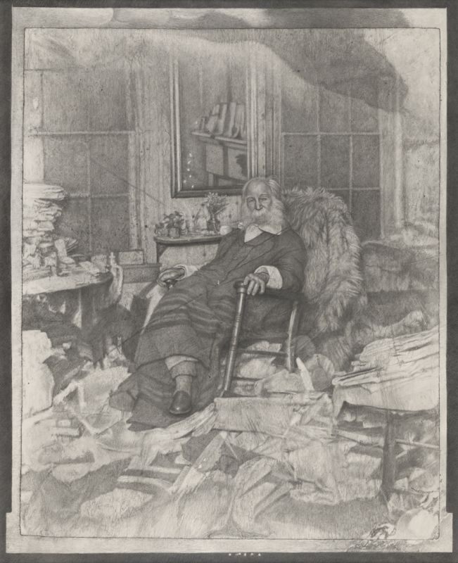 Mark Stockton, "The Poet in His Bedroom or Walt Whitman in repose amongst a chaos of papers in Camden in 1891" (2018). Graphite on Arches paper, 52 x 42 inches (framed), 50 x 40 inches (unframed). Museum Purchase (2018.43)  2018