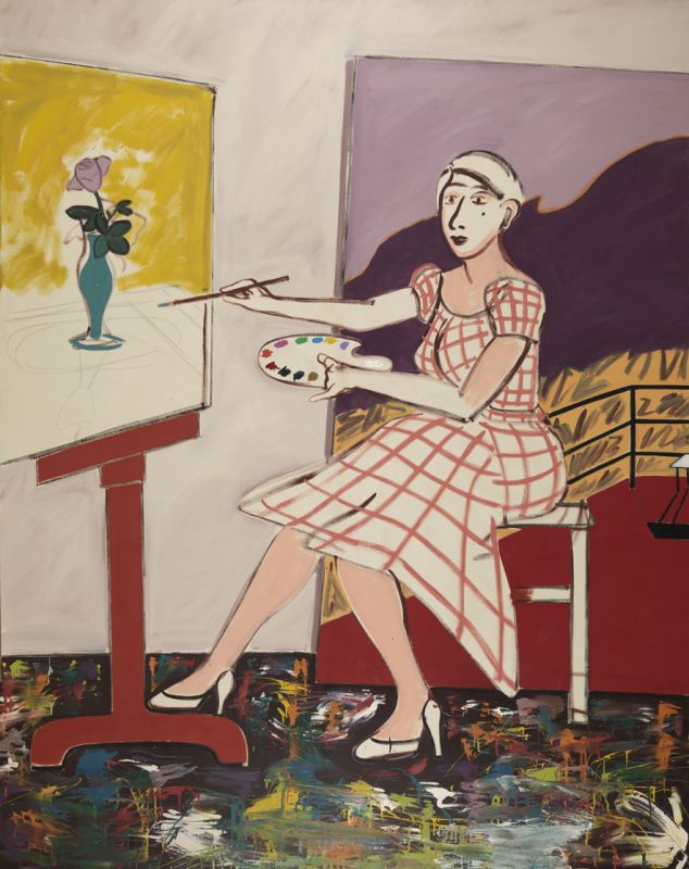Joan Brown, "Self-Portrait" (1977). Oil on canvas, 84 x 72 inches. Museum purchase. © Estate of Joan Brown, courtesy of George Adams Gallery, New York.