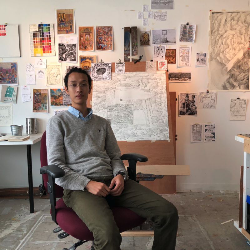 Ha Ning Pham (MFA '18) in the studio.