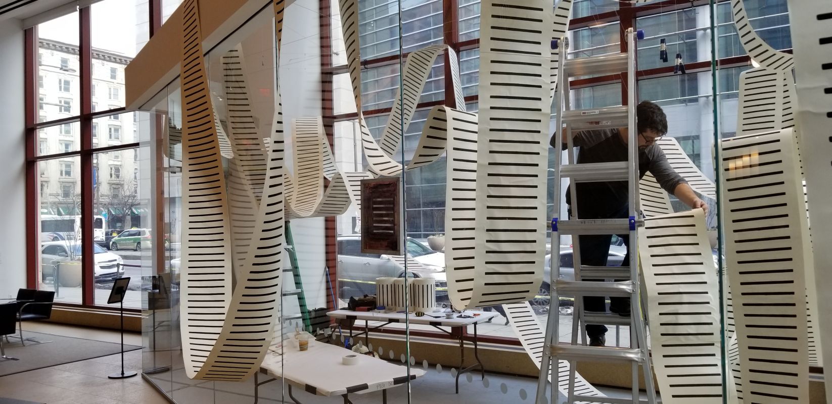 Mike Schley installs "Measurements" in the Broad Street Studio.