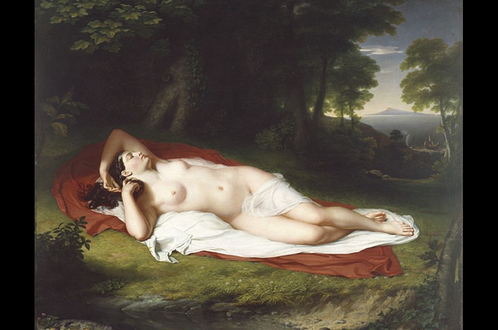 "Ariadne Asleep on the Island of Naxos" by John Vanderlyn is widely considered one of the first nudes exhibited in the United States