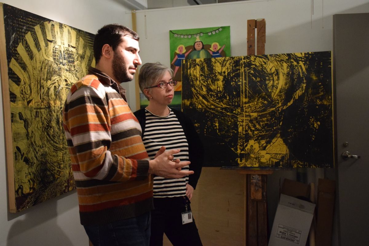 PAFA Illustration Chair Jessica Abel with M. Adil Ozturk (MFA '18) during this year's Open Studio Night.