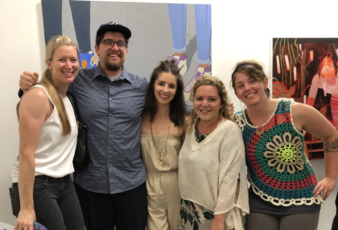 PAFA MFA students at the opening reception for MAP (L-R): Chelsea Nader, Ben Grzenia, Stephanie Fenner, Katharine Volpe, Candace Jensen. / Photo: Mari Elaine Lamp