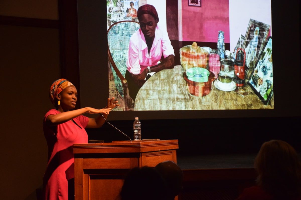 Njideka Akunyili Crosby (Cert. '06) discusses her work during the Visiting Artist Program lecture.