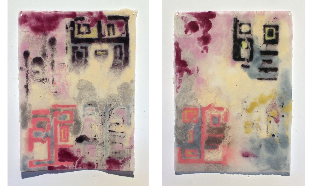 "Deconstructing Patterns (hopscotch hypocrisy)", 2019; Handmade abaca paper with linen pulp paint; 26"h x 19"w each