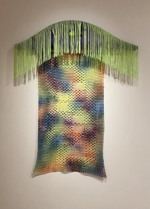 Shannon Murphy (Low-Res MFA), "Untitled", Crochet (cotton cord), velvet, quilt batting, plywood, fringe, fake leaves