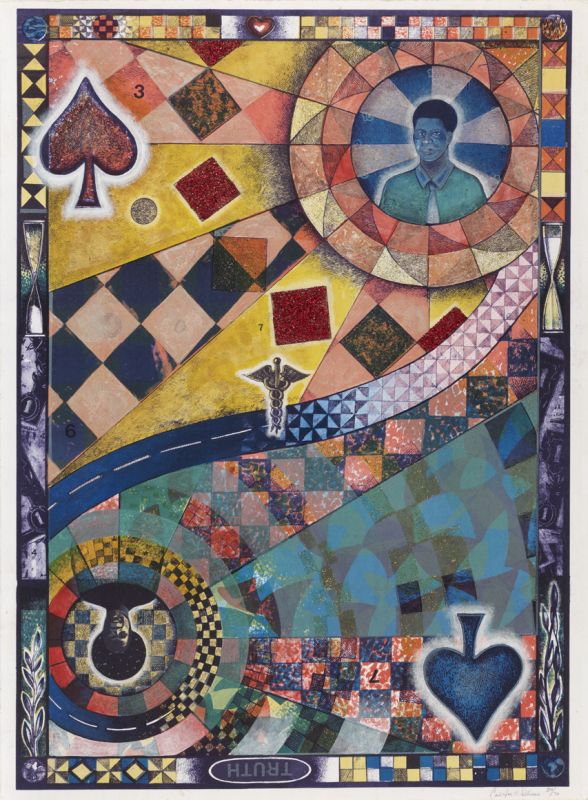 Carl Joe Williams, (b. 1970)  Truth, 2000 Offset lithograph, hand colored collage, glitter, ed. 59/70 29 x 21 in. (73.66 x 53.34 cm.) Gift from the collection of Winston and Carolyn Lowe in honor of Brandywine founder, Allan L. Edmunds, 2019.18.34