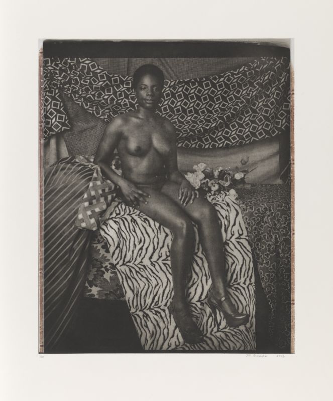 Mickalene Thomas, (b. 1971)  Portrait of Marie Sitting in Black and White, 2012 Photogravure with chine-collé on paper, ed. 1/20 21 x 17 in. (53.34 x 43.18 cm.) Museum Purchase. Published by the Brodsky Center at PAFA, Philadelphia, 2018.38.4