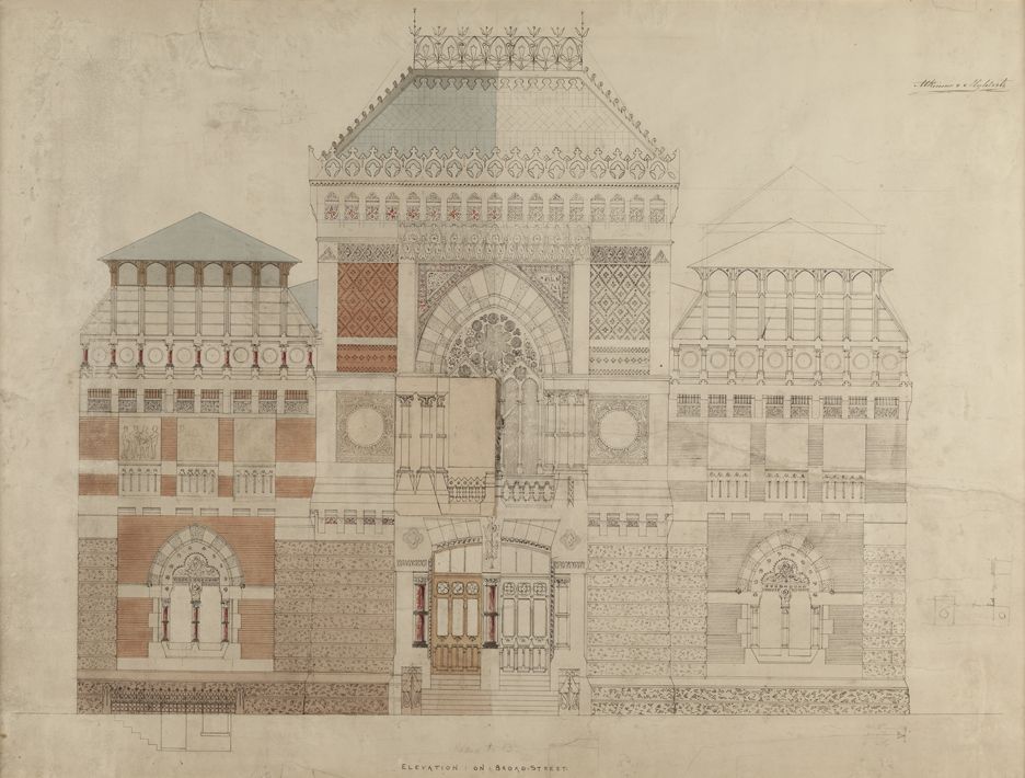Frank Furness and George Wattson Hewitt, (1839-1912)/(1841-1916)  [Elevation on Broad Street], 1873-76  Black ink, watercolor wash, and pencil on white paper on mount  25 1/2 x 34 1/2 in. (64.77 x 87.63 cm.)  Pennsylvania Academy of the Fine Arts, 1876.