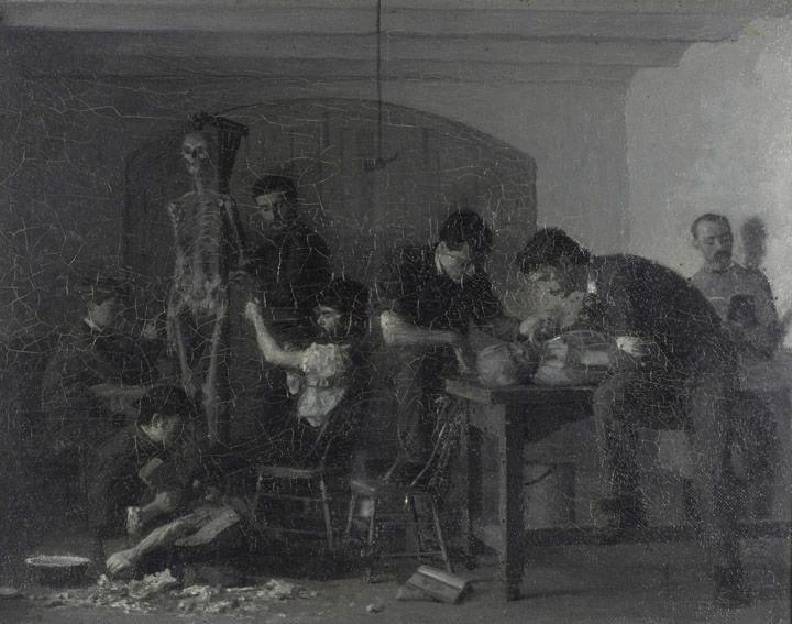 Thomas Pollock Anshutz, (1851-1912)  Dissecting Room, 1879  Oil on cardboard (grisaille)  10 x 12 1/2 in. (25.4 x 31.8 cm.)  Gift of the artist, 1879.1