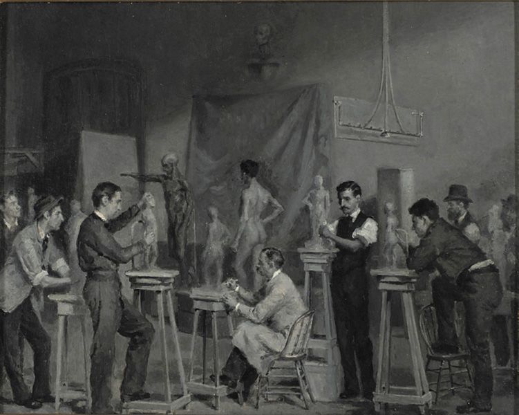 James P. Kelly, (1854-1893)  The Modeling Class, 1879  Oil on cardboard (grisaille)  10 1/4 x 12 3/4 in. (26.0 x 32.4 cm.)  Gift of the artist, 1879.5