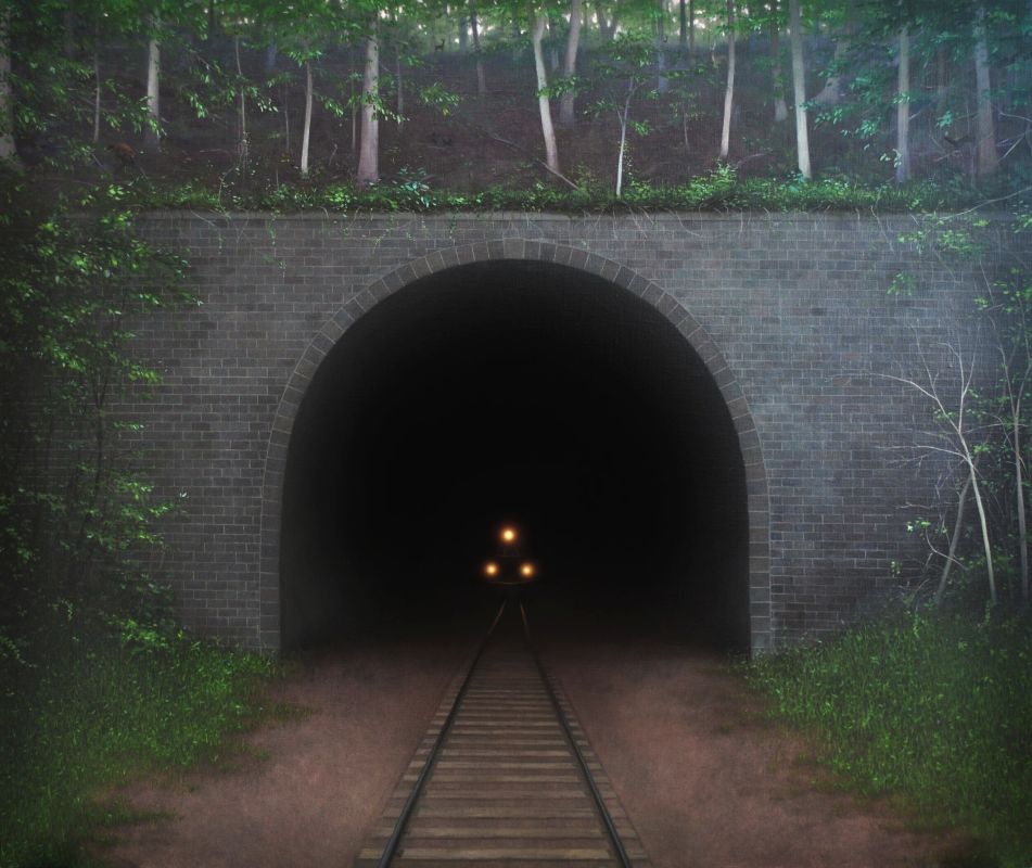 painting of train coming toward viewer out of tunnel