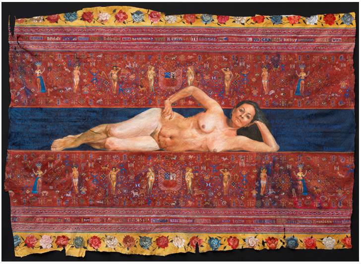 Painting of a reclining, nude woman surrounded by text and bands with figurative ornaments