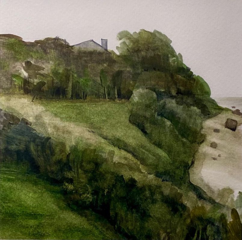 landscape with mostly green and small view of house and shoreline