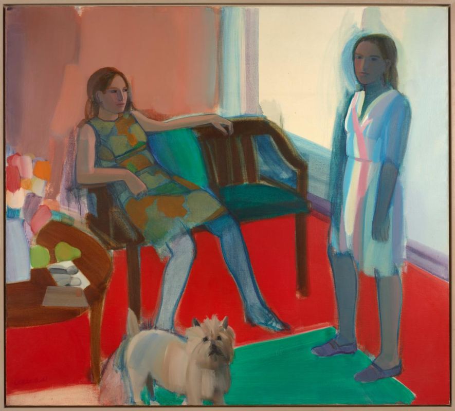 painting of two women in room with couch and small dog