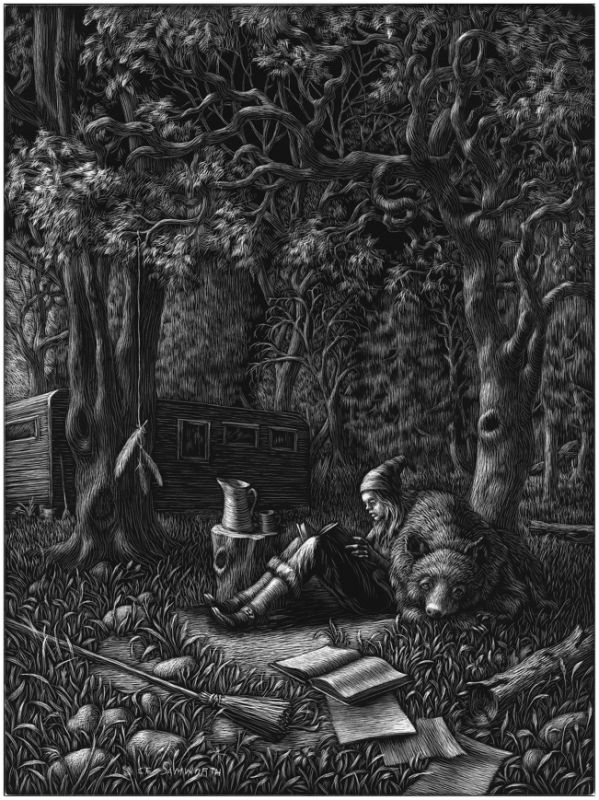 Studying Spells, scratchboard, 9x12 inches, 2021