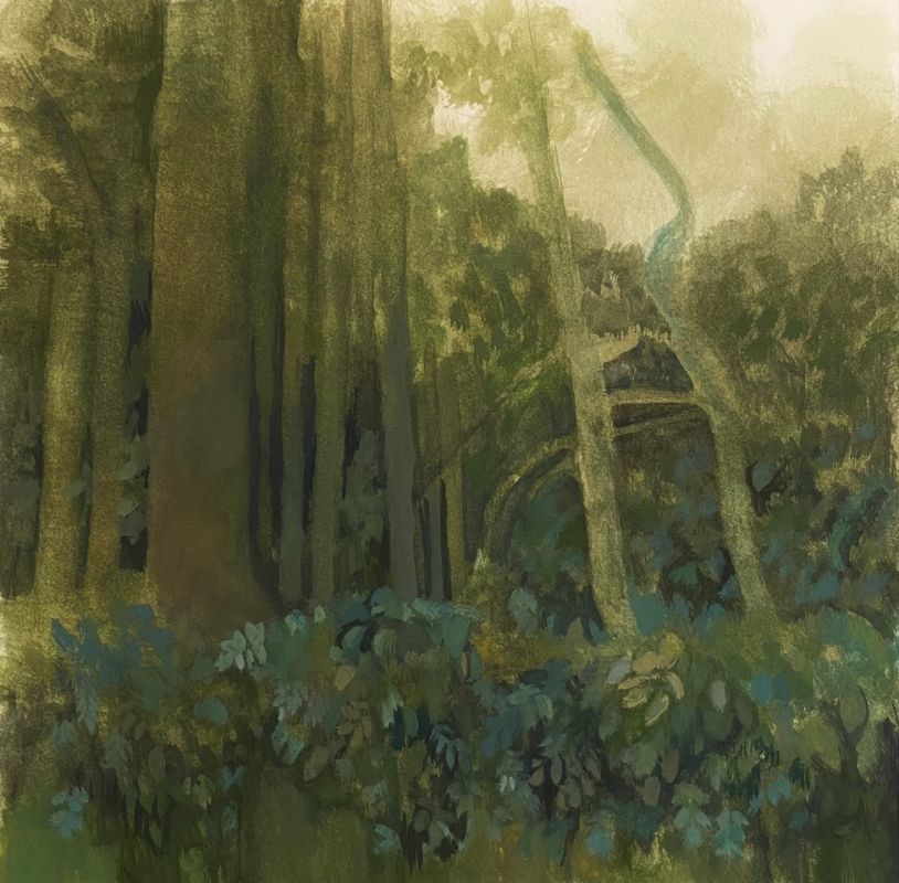 painting of trees with row of leaves at bottom edge