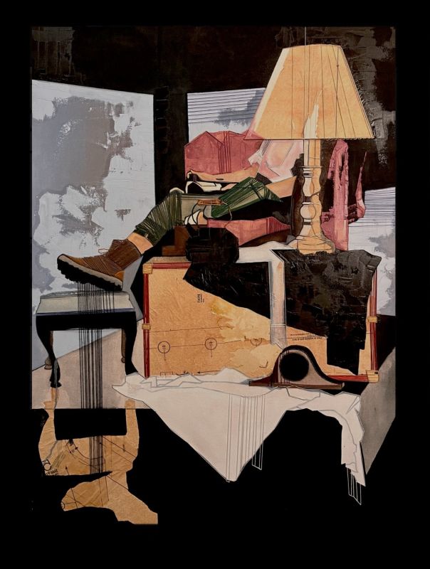 abstract figure sits on chair, partially obscured by lamp