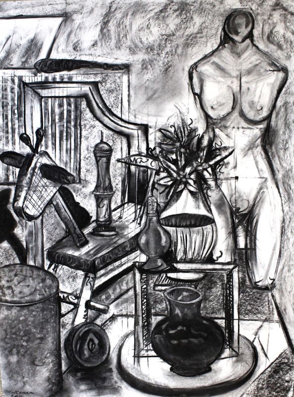 Charcoal still life with nude figure and vase
