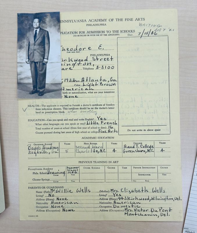 Theodore E. Wells' Application for Admission to the Pennsylvania Academy of the Fine Arts with Theodore's picture.