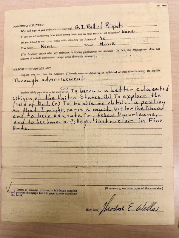 The back of Theodore E. Wells' Application for Admission to the Pennsylvania Academy of the Fine Arts.