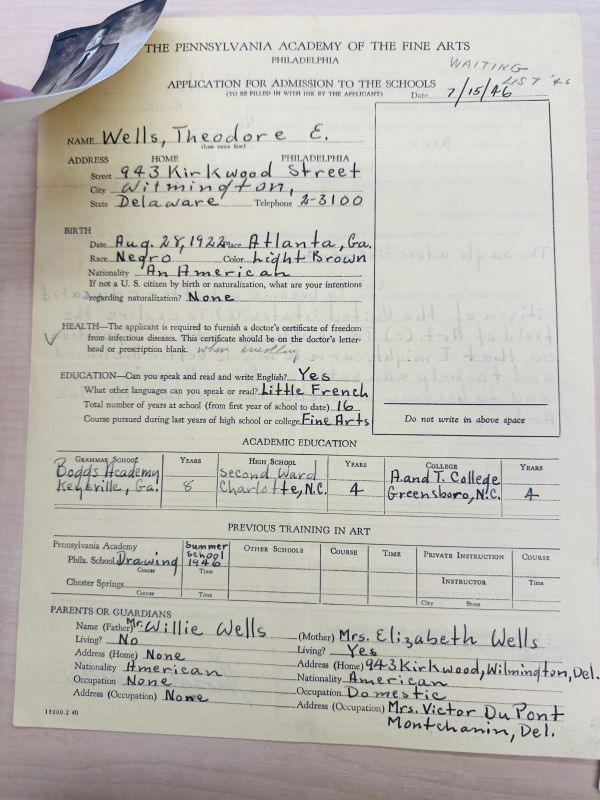 Theodore E. Wells' Application for Admission to the Pennsylvania Academy of the Fine Arts.