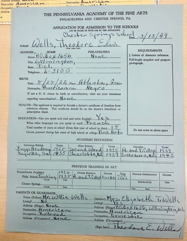 Theodore E. Wells application for admission to PAFA's Chester Springs School.